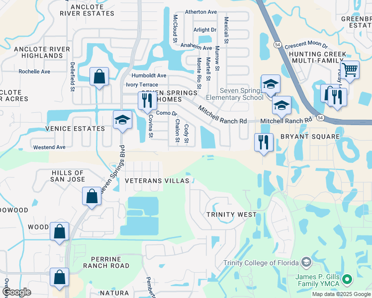 map of restaurants, bars, coffee shops, grocery stores, and more near 7614 Cleves Avenue in New Port Richey