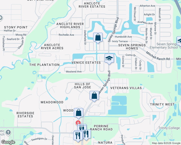 map of restaurants, bars, coffee shops, grocery stores, and more near 7048 Wheeler Way in New Port Richey