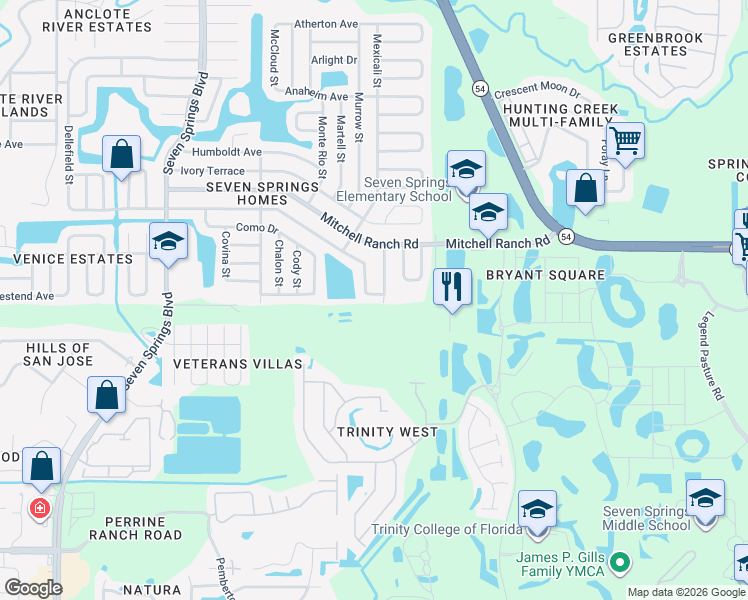 map of restaurants, bars, coffee shops, grocery stores, and more near 7808 Jenner Avenue in New Port Richey