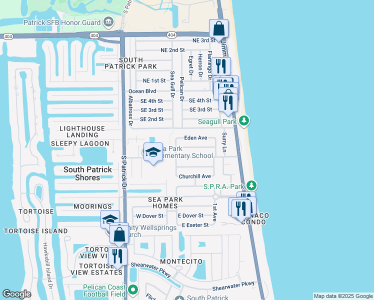 map of restaurants, bars, coffee shops, grocery stores, and more near 167 Hedgegrove Avenue in Satellite Beach