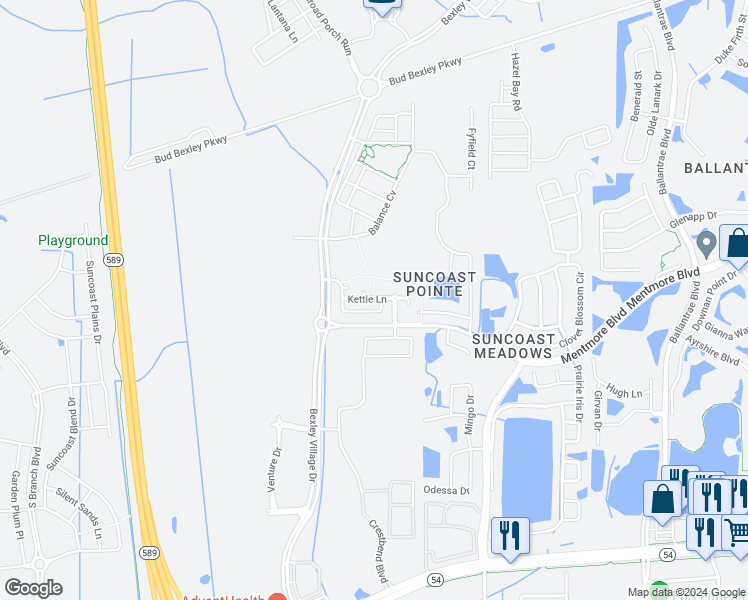 map of restaurants, bars, coffee shops, grocery stores, and more near 16947 Kettle Lane in Land O' Lakes