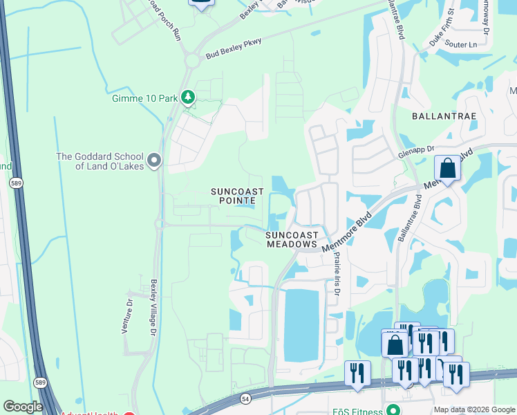 map of restaurants, bars, coffee shops, grocery stores, and more near 3201 Bellericay Lane in Land O' Lakes