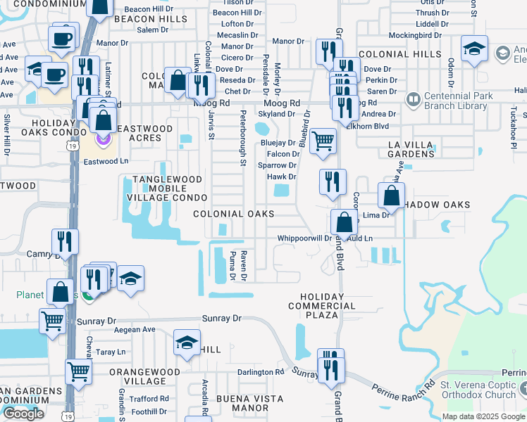 map of restaurants, bars, coffee shops, grocery stores, and more near 3101 Matchlock Drive in Holiday