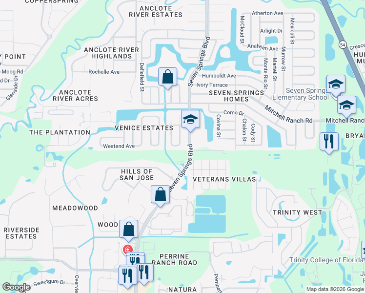 map of restaurants, bars, coffee shops, grocery stores, and more near 3116 Lodi Drive in New Port Richey