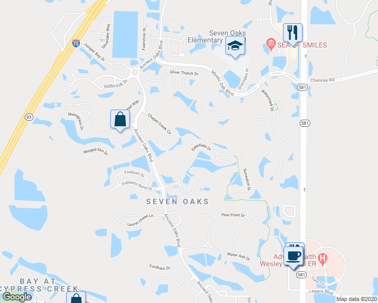 map of restaurants, bars, coffee shops, grocery stores, and more near 27401 Edenfield Drive in Wesley Chapel