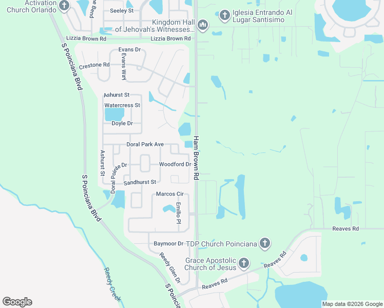 map of restaurants, bars, coffee shops, grocery stores, and more near 3125 Ham Brown Road in Kissimmee