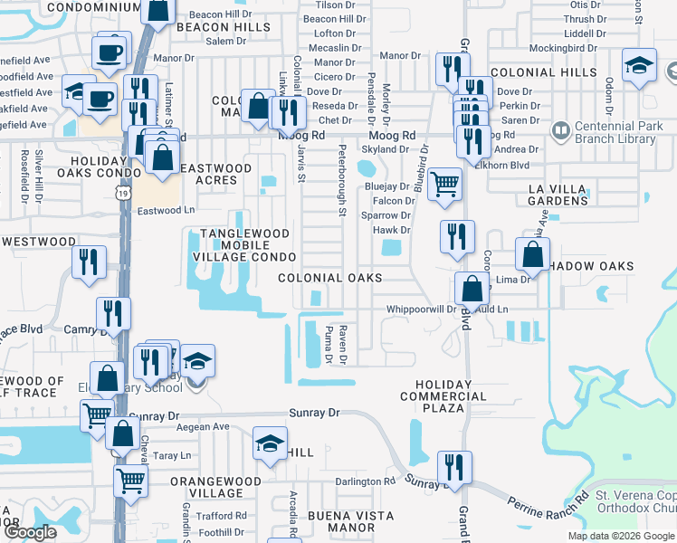 map of restaurants, bars, coffee shops, grocery stores, and more near 5117 Plantation Drive in Holiday
