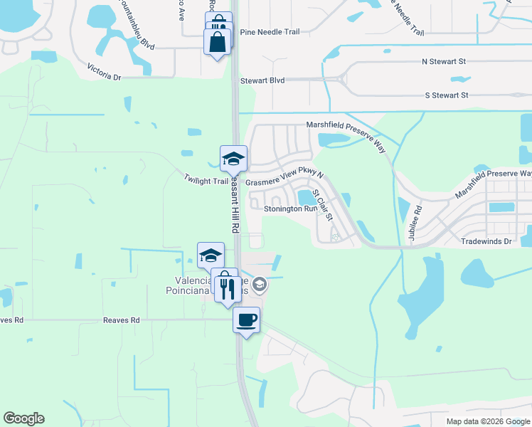 map of restaurants, bars, coffee shops, grocery stores, and more near 3119 Duxbury Drive in Kissimmee
