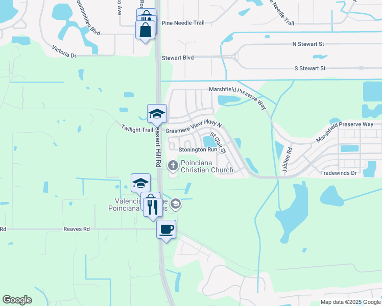 map of restaurants, bars, coffee shops, grocery stores, and more near 3080 Stonington Run in Kissimmee
