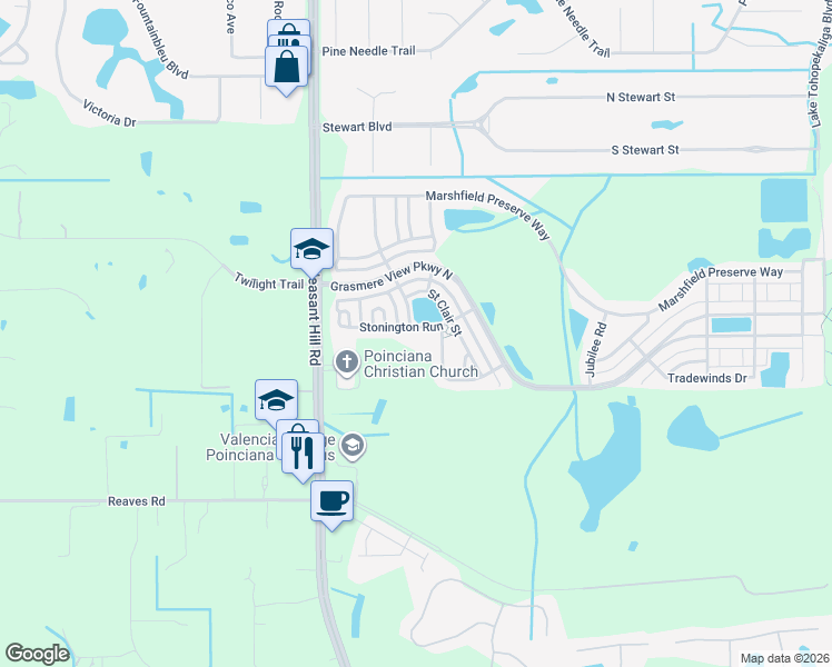 map of restaurants, bars, coffee shops, grocery stores, and more near 3030 Stonington Run in Kissimmee