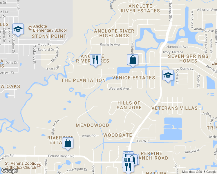 map of restaurants, bars, coffee shops, grocery stores, and more near 6809 Westend Avenue in New Port Richey