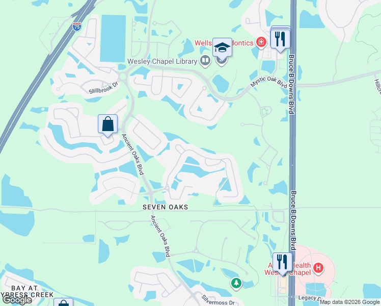 map of restaurants, bars, coffee shops, grocery stores, and more near 27416 Edenfield Drive in Wesley Chapel