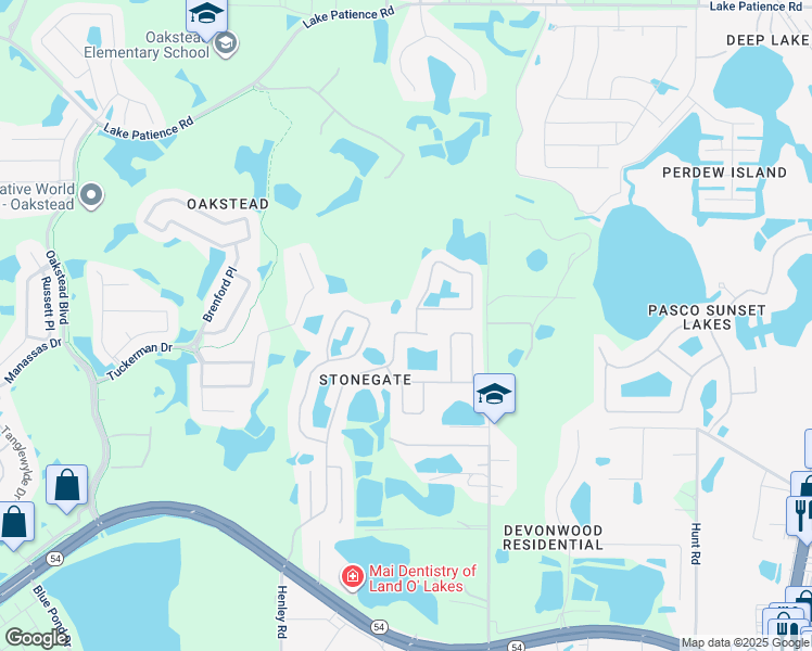 map of restaurants, bars, coffee shops, grocery stores, and more near 3303 Stonegate Falls Drive in Land O' Lakes