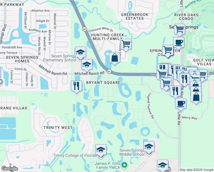 map of restaurants, bars, coffee shops, grocery stores, and more near 8299 Birch Haven Lane in New Port Richey
