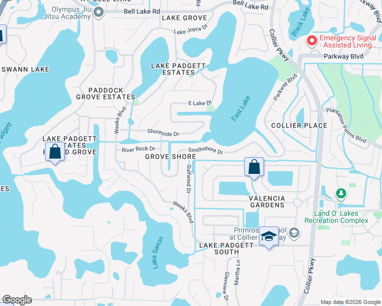 map of restaurants, bars, coffee shops, grocery stores, and more near 22480 Southshore Drive in Land O' Lakes