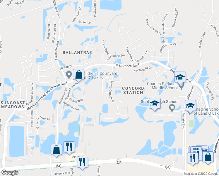 map of restaurants, bars, coffee shops, grocery stores, and more near 3227 Trinity Cottage Drive in Pasco County