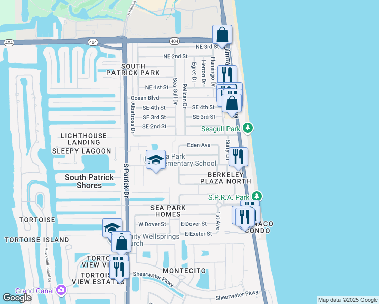 map of restaurants, bars, coffee shops, grocery stores, and more near 167 Hedgegrove Avenue in Satellite Beach