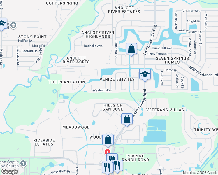map of restaurants, bars, coffee shops, grocery stores, and more near 3115 Vanceboro St in New Port Richey