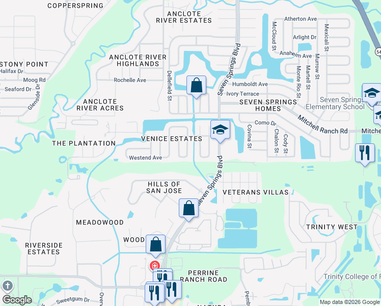 map of restaurants, bars, coffee shops, grocery stores, and more near 3116 Ludlow Dr in New Port Richey