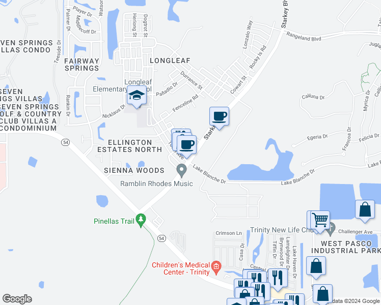 map of restaurants, bars, coffee shops, grocery stores, and more near 10426 Mount Dora Street in New Port Richey
