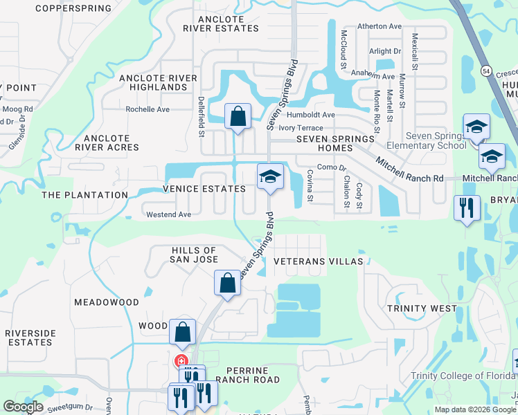 map of restaurants, bars, coffee shops, grocery stores, and more near 3116 Lodi Dr in New Port Richey