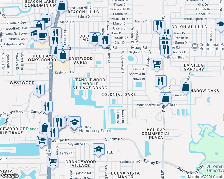 map of restaurants, bars, coffee shops, grocery stores, and more near 5029 Plantation Dr in Holiday