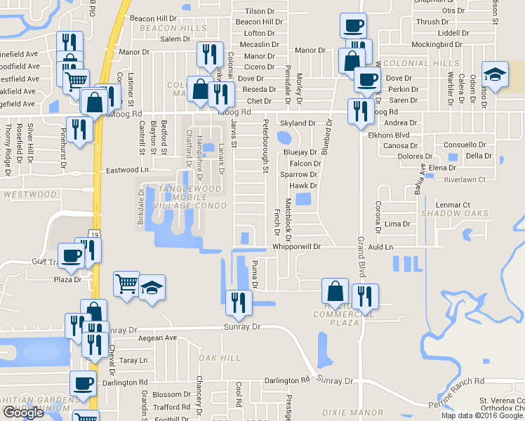 map of restaurants, bars, coffee shops, grocery stores, and more near 5117 Plantation Dr in Holiday