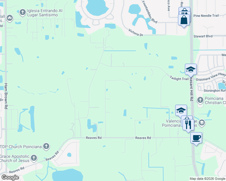 map of restaurants, bars, coffee shops, grocery stores, and more near 3105 Pastures Road in Kissimmee