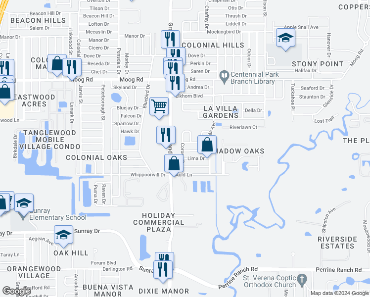 map of restaurants, bars, coffee shops, grocery stores, and more near 5541 Festivo Drive in Holiday
