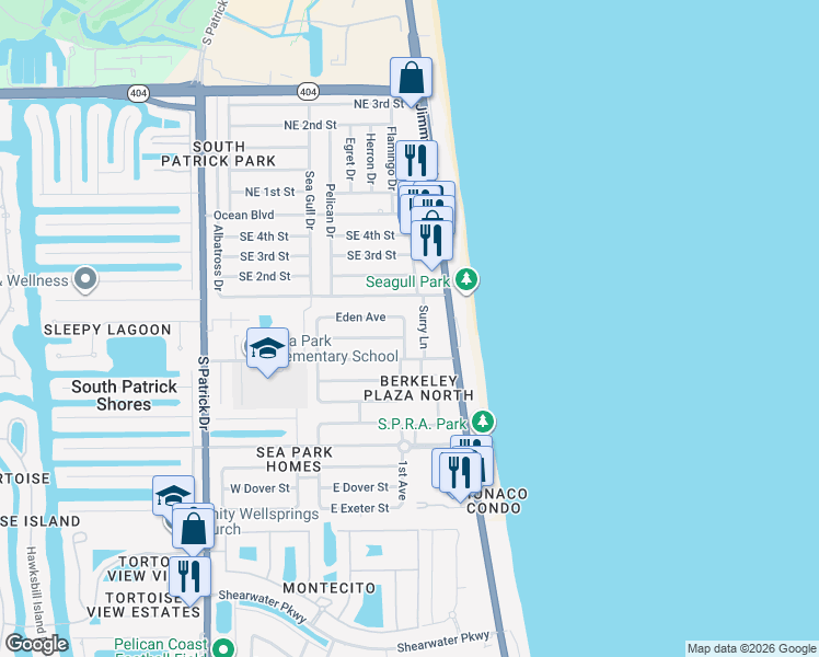 map of restaurants, bars, coffee shops, grocery stores, and more near 140 Surry Lane in Satellite Beach