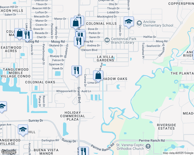 map of restaurants, bars, coffee shops, grocery stores, and more near 5647 Festivo Dr in Holiday