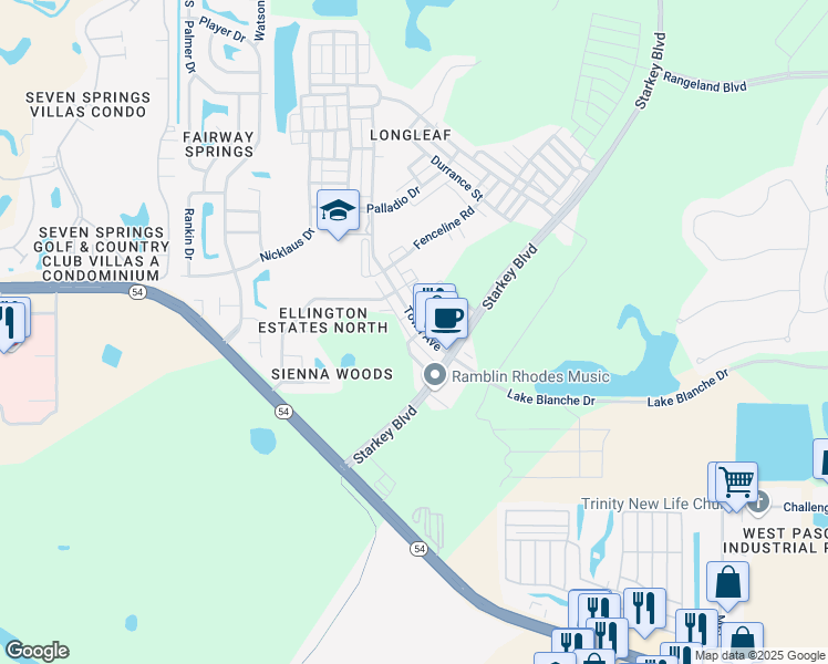 map of restaurants, bars, coffee shops, grocery stores, and more near 3127 Town Avenue in New Port Richey