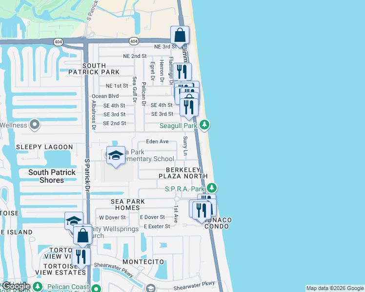 map of restaurants, bars, coffee shops, grocery stores, and more near 140 Surry Lane in Satellite Beach