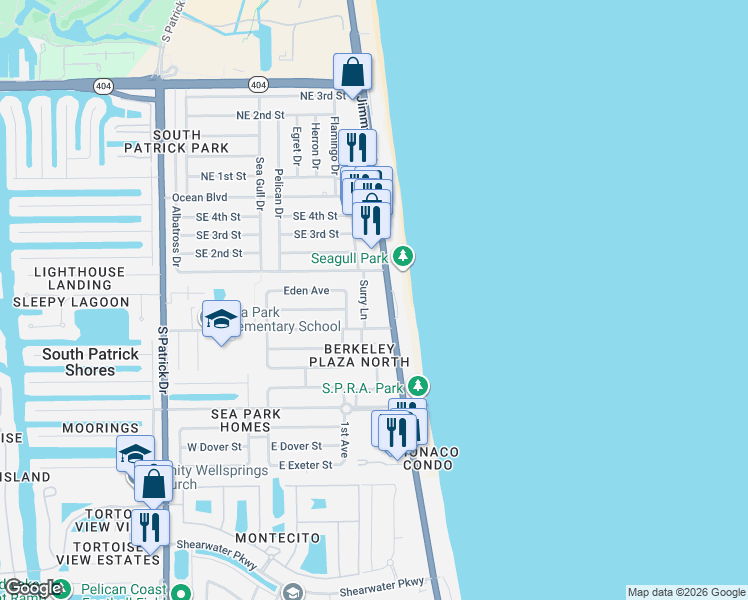 map of restaurants, bars, coffee shops, grocery stores, and more near 140 Surry Lane in Satellite Beach