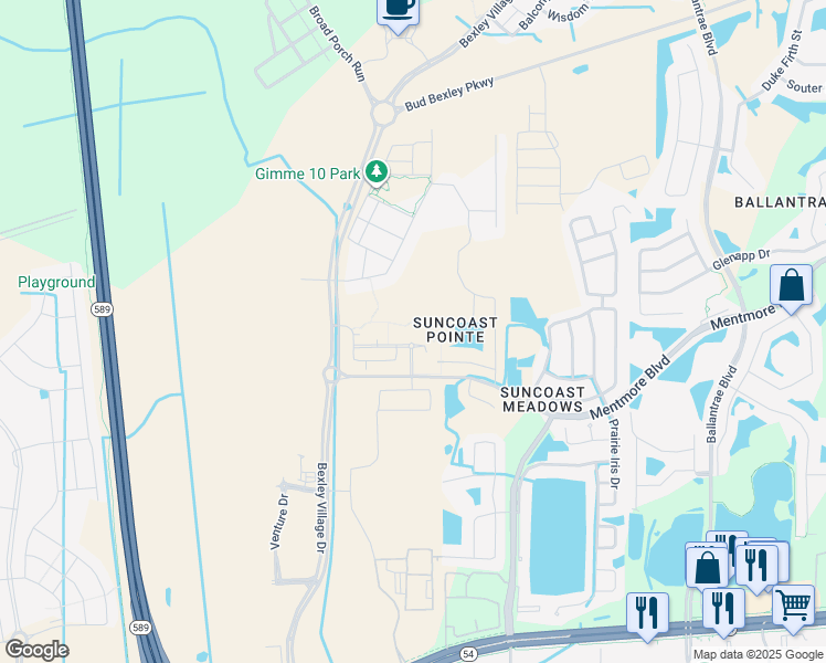 map of restaurants, bars, coffee shops, grocery stores, and more near 16947 Kettle Lane in Land O' Lakes