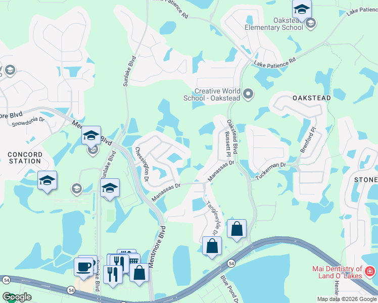 map of restaurants, bars, coffee shops, grocery stores, and more near 3539 Chessington Drive in Pasco County