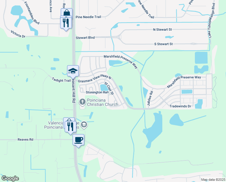 map of restaurants, bars, coffee shops, grocery stores, and more near 2901 Saint Clair Street in Kissimmee