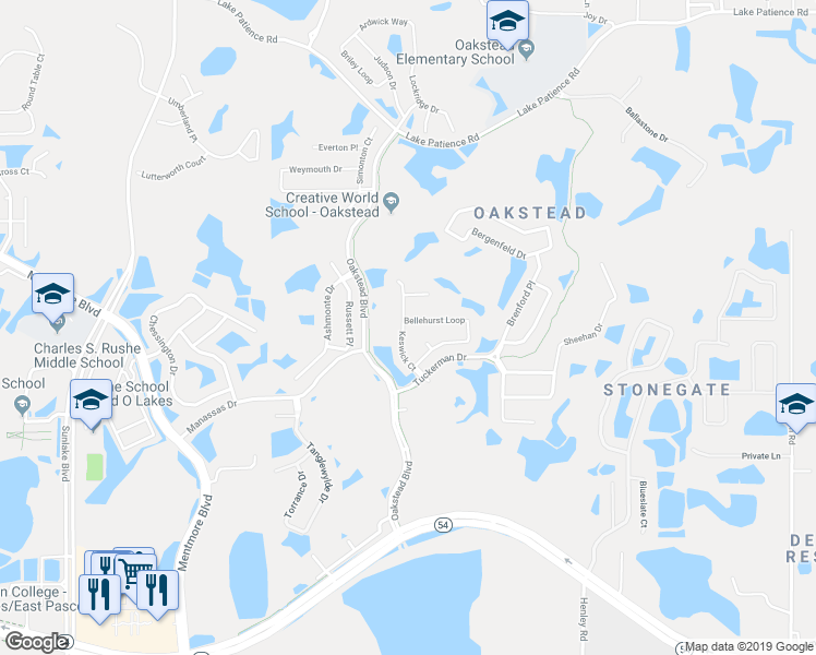 map of restaurants, bars, coffee shops, grocery stores, and more near 19839 Bellehurst Loop in Pasco County