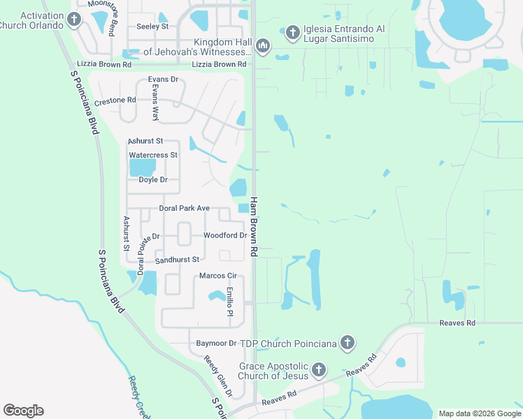 map of restaurants, bars, coffee shops, grocery stores, and more near 3125 Ham Brown Road in Kissimmee