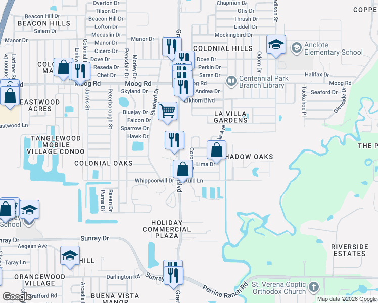 map of restaurants, bars, coffee shops, grocery stores, and more near 5549 Festivo Drive in Holiday