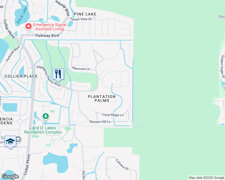 map of restaurants, bars, coffee shops, grocery stores, and more near 23316 Gracewood Circle in Land O' Lakes