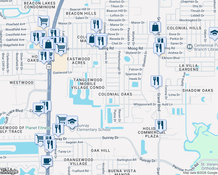 map of restaurants, bars, coffee shops, grocery stores, and more near 5029 Plantation Drive in Holiday