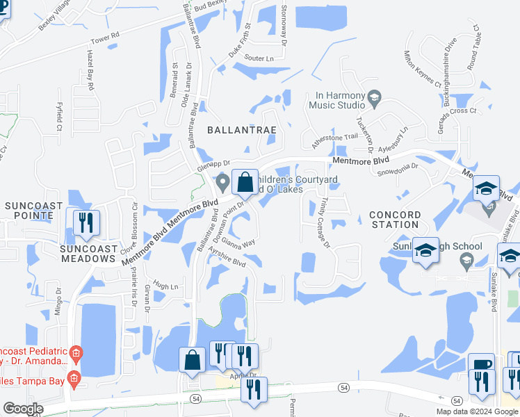map of restaurants, bars, coffee shops, grocery stores, and more near 3224 Gianna Way in Land O' Lakes