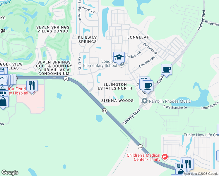 map of restaurants, bars, coffee shops, grocery stores, and more near 10042 Saymore Court in New Port Richey