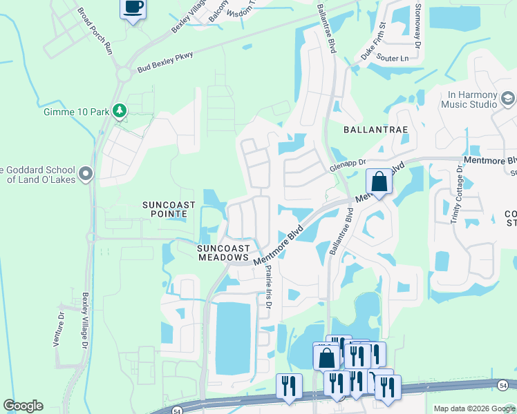 map of restaurants, bars, coffee shops, grocery stores, and more near 3230 Prairie Iris Drive in Land O' Lakes