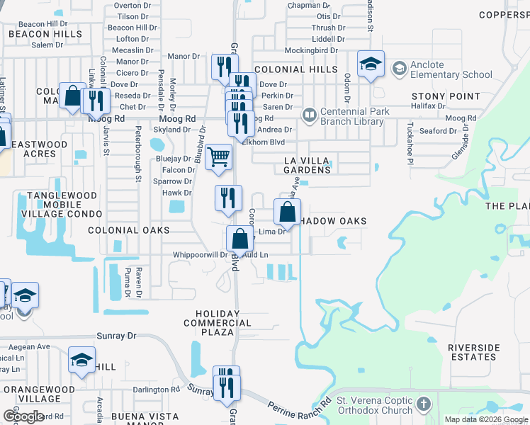 map of restaurants, bars, coffee shops, grocery stores, and more near 5606 Belleza Drive in Holiday