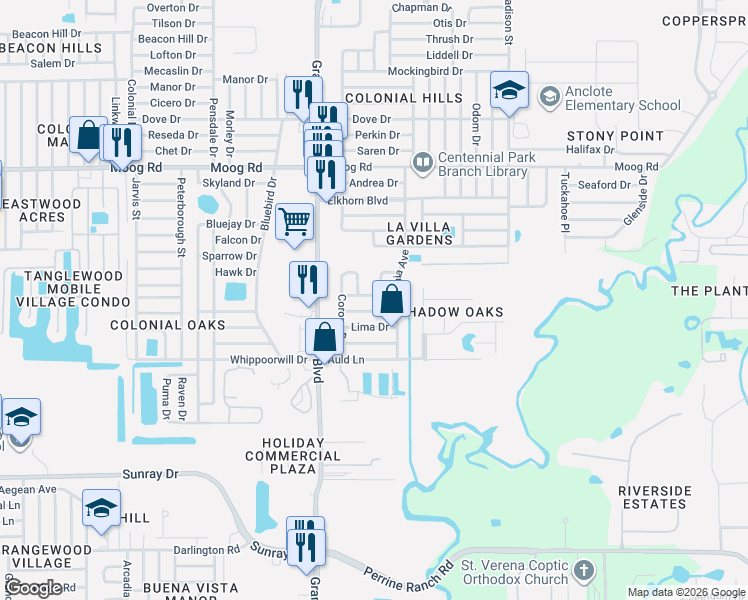 map of restaurants, bars, coffee shops, grocery stores, and more near 5647 Festivo Drive in Holiday