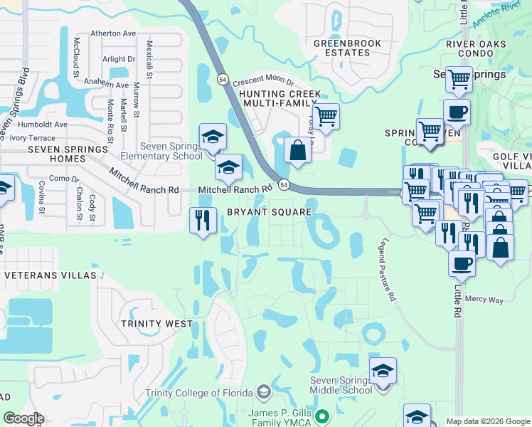map of restaurants, bars, coffee shops, grocery stores, and more near 8220 Mitchell Ranch Road in New Port Richey