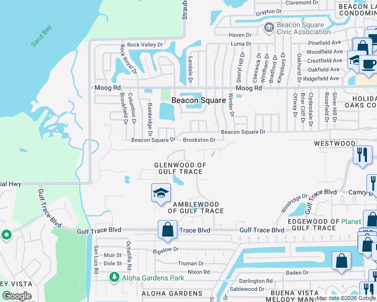 map of restaurants, bars, coffee shops, grocery stores, and more near 3138 Deergrass Court in Holiday