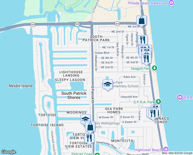 map of restaurants, bars, coffee shops, grocery stores, and more near 200 Melody Lane North in Satellite Beach